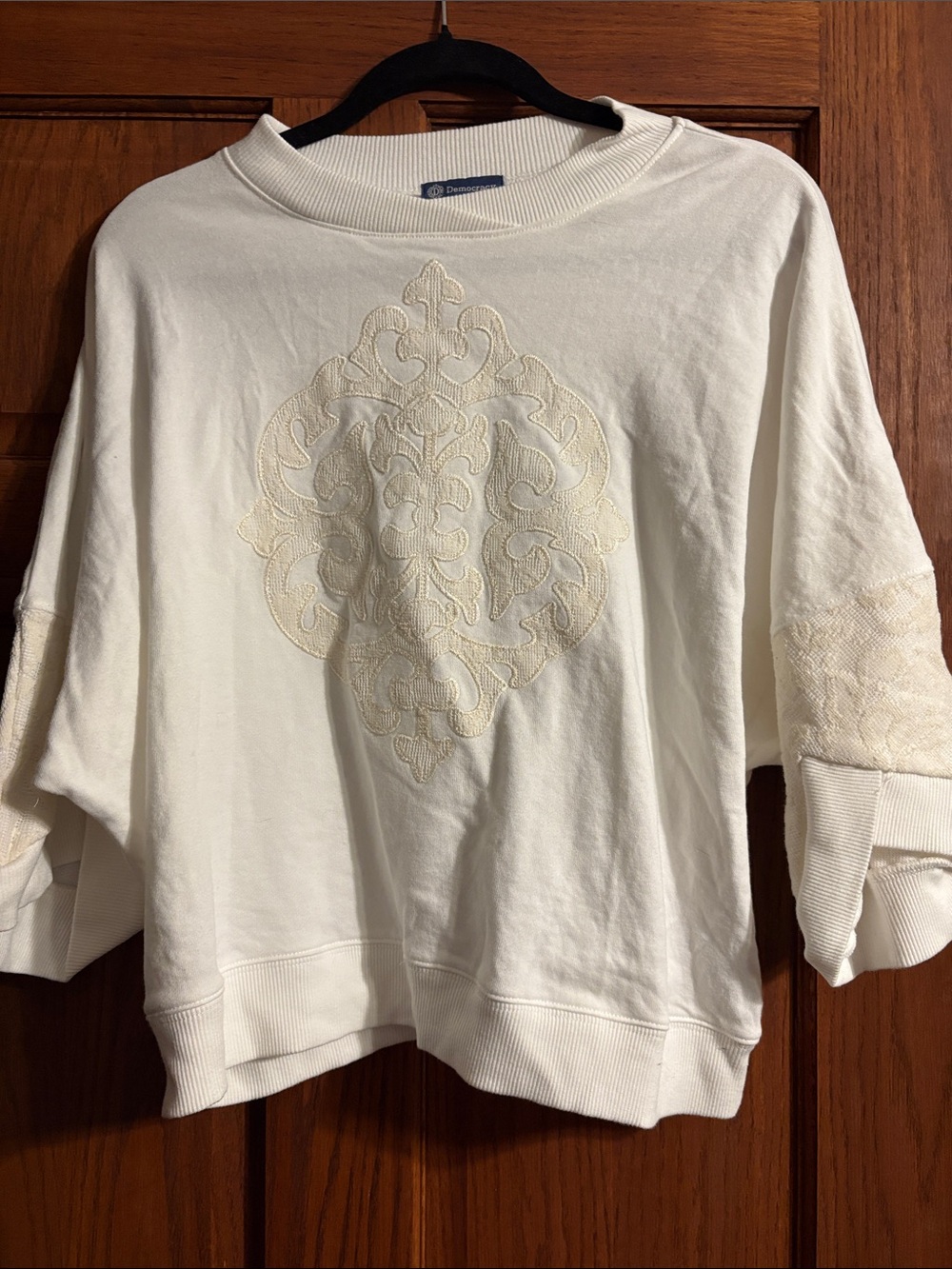 Democracy White Pullover Sweatshirt with Cream Embroidery